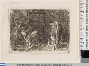 Kuh, Kalb und Ziege im Stall