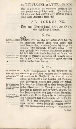 Articulus XX. Von dem Beweiß durch Documenta, oder schrifftliche Urkunden.
