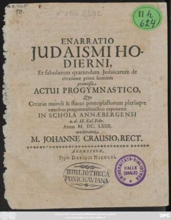 Enarratio Judaismi Hodierni, Et fabularum quarundam Judaicarum de creatione primi hominis