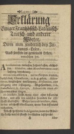 Erklärung Einiger Frantzösisch-Lateinisch-Teutsch- und anderer Wörter, Deren man sonderlich bey Zeitungs-Lesen ...