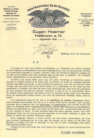 Werbeschreiben von EUGEN HOERNER, Amerikanisches Bankgeschäft