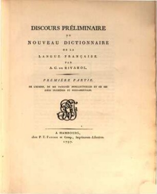 Discours Préliminaire Du Nouveau Dictionnaire De La Langue Française, Première Partie
