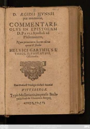 D. Aegidii Hunnii piae memoriae, Commentariolus In Epistolam D. Pauli Apostoli ad Philemonem