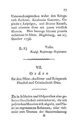VII. Ordre für den Ober-Auditeur und Kriegsrath Pitschel und Criminalrath Otto