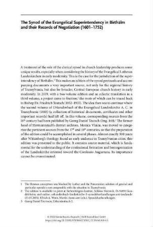 The Synod of the Evangelical Superintendency in Birthälm and their Records of Negotiation (1601-1752)