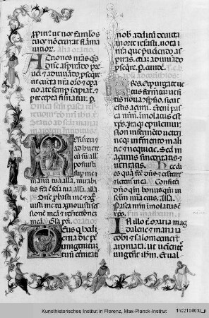 Missale Romanum : Textseite mit Randseitenbordüre und historisierten Initialen R: Auferstandener und O: trauernde Magdalena