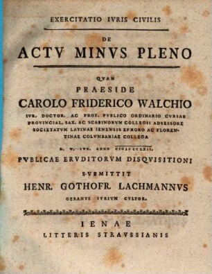 Exercitatio Ivris Civilis De Actv Minvs Pleno