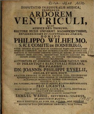 Disputatio Inauguralis Medica, Proponens Ardorem Ventriculi