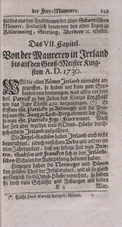 Das VII. Capitel. Von der Maurerey in Irrland bis auf den Groß-Meister Kingston A.D. 1730.