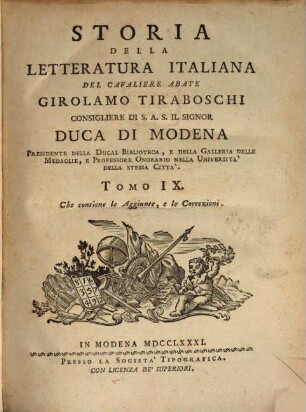 Storia Della Letteratura Italiana. 9, Che contiene le Aggiunte, e le Correzioni