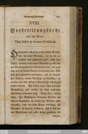XVIII. Vorbereitungsrede über die Worte: Thut solches zu meinem Gedächtniß.