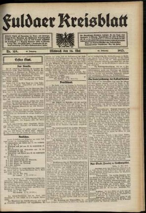 Erste Ausgabe vom Mittwoch, den 14. Mai 1913.