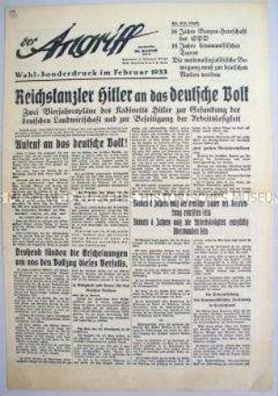 Sonderausgabe der NS-Zeitung "Der Angriff" zur Reichstagswahl im März 1933 mit dem Wortlaut des Aufrufs Hitlers an das deutsche Volk