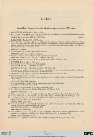 I. Teil: Gemälde, Aquarelle und Zeichnungen neuerer Meister (Nr. 1-209)