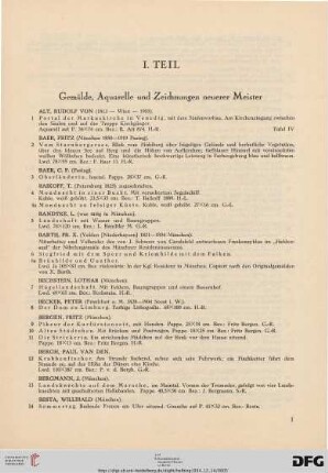 I. Teil: Gemälde, Aquarelle und Zeichnungen neuerer Meister (Nr. 1-209)