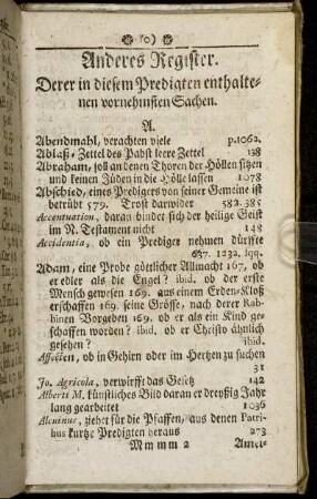 Anderes Register. Derer in diesem Predigten enthaltenen vornehmsten Sachen