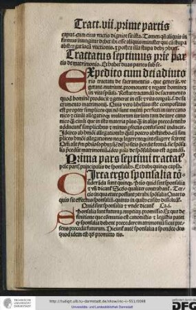 Tractatus septimus prime partis de matrimonio. Et habet duas partes sub se.