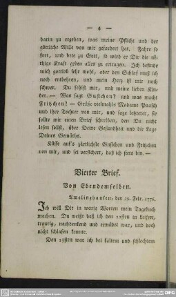 Vierter Brief. Von Ebendemselben : Amelinghausen, den 29. Febr. 1776
