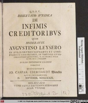 Dissertatio Ivridica De Infimis Creditoribvs
