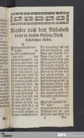 Register nach dem Alphabeth derer in diesem Gesang-Buch befindlichen Lieder