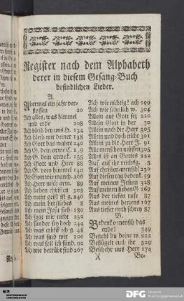Register nach dem Alphabeth derer in diesem Gesang-Buch befindlichen Lieder