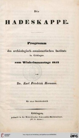 Die Hadeskappe : Programm des Archäologisch-Numismatischen Instituts in Göttingen zum Winkelmannstage 1853