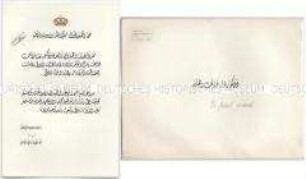 Verleihungsurkunde zum Orden des Sterns von Jordanien (Wisam al-Kawkab al-urduni), mit Kuvert