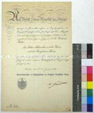 Urkunde über die Verleihung des Roten Adlerordens zweiter Klasse an Wilhelm Kahl