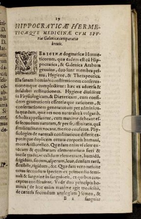 Hippocraticæ Hermeticæ Que Medicinæ Cum Spuria Galenica comparatio brevis.