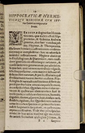 Hippocraticæ Hermeticæ Que Medicinæ Cum Spuria Galenica comparatio brevis.
