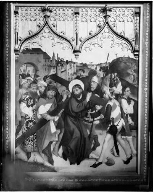 Tiefenbronn Katholische Kirche Sankt Maria Magdalena Hochaltar (1469) von Hans Schüchlin Schrein geschlossen - linker Innenflügel Darstellung Kreuztragung