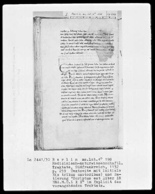 Medizinische Sammelhandschrift — Initiale E (x tribus auctoribus), Folio 259recto