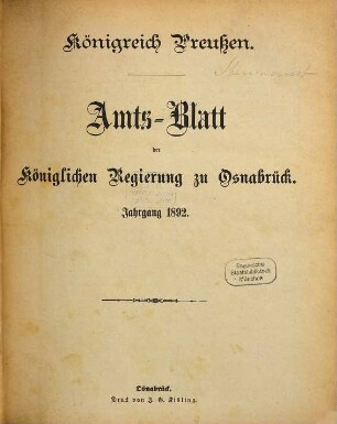 Amtsblatt für den Regierungsbezirk Osnabrück. 1892