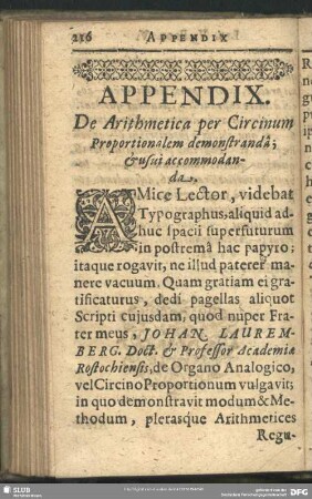 Appendix De Arithmetica per Circinum Proportionalem demonstranda; & usui accomodanda
