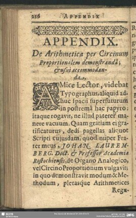 Appendix De Arithmetica per Circinum Proportionalem demonstranda; & usui accomodanda