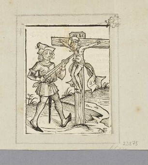 Gekreuzigter Jesus, aus: Hartmann Schedel, "Registrum huius operis libri cronicarum cu figuris et ymagibus ab inicio mudi", Nürnberg 12.7.1493, S. CXLIX verso