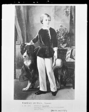 Bildnis des achtjährigen Freiherrn Georg von Holzhausen in ganzer Figur mit einem Hund