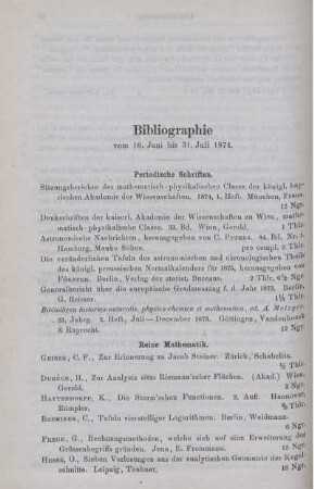 Bibliographie vom 16. Juni bis 31. Juli 1874.