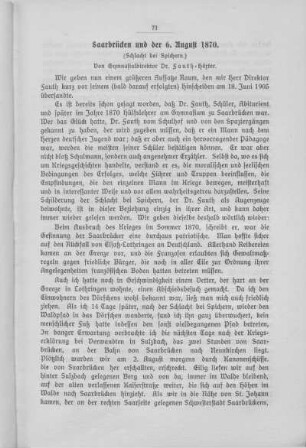 Saarbrücken und der 6. August 1870. (Schilderung der Schlacht bei Spichern)