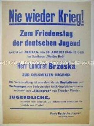 Maueranschlag der FDJ Oelsnitz mit Ankündigung einer Kundgebung zum Friedenstag der deutschen Jugend