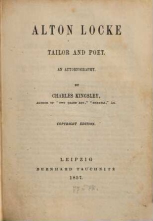 Alton Locke : tailor and poet ; an autobiography