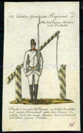Uniformdarstellung, Gemeiner des 3. Garnison-Regiments, Österreich, 1796. Tafel aus: Geschichte und bildliche Vorstellung der Regimenter des Erzhauses Österreich.
