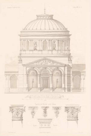 Städtische Vierordtbad, Karlsruhe: Ansicht, Details (aus: Atlas zur Zeitschrift für Bauwesen, hrsg. v. G. Erbkam, Jg. 24, 1874)