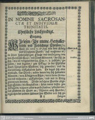 Leichenpredigt : Christliche Leichpredigt. Eingang. Textus. Predigt. Erster Theil. Ander Theil