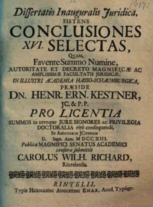 Diss. inaug. iur. sistens conclusiones XVI. selectas