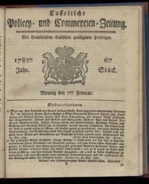 6tes Stueck, Montag den 7ten Februar. 1785