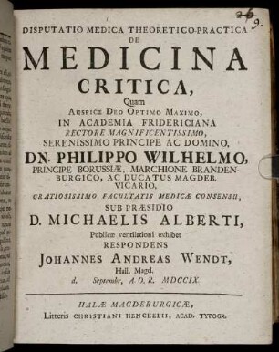 Disputatio Medica Theoretico-Practica De Medicina Critica
