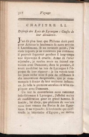 Chapitre LI. Défense des Lois de Lycurgue : Causes de leur décadence.