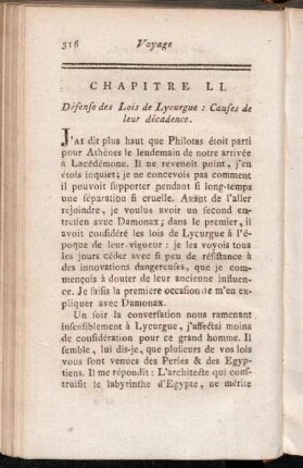 Chapitre LI. Défense des Lois de Lycurgue : Causes de leur décadence.