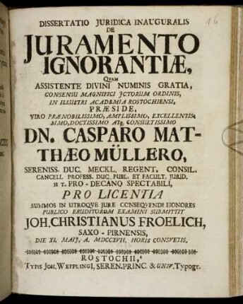 Dissertatio Juridica Inauguralis De Juramento Ignorantiae : Die XI. Maii, A. MDCCXVII. Horis Consuetis
